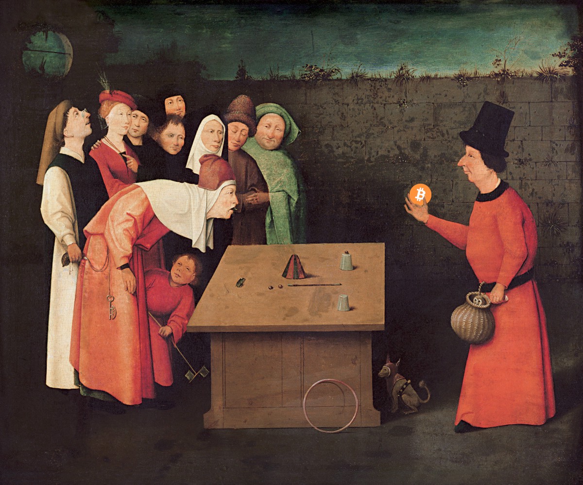 Bosch’s painting ‘The Conjurer,’ in which a fast-fingered magician bamboozles a bunch of gawping rubes with a shell game. In the original, the conjurer holds a pea from under a shell; in this one, he holds a Bitcoin logo.